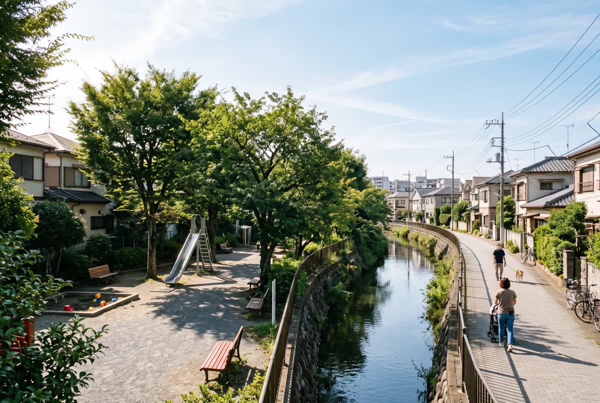 住宅街の公園と遊歩道